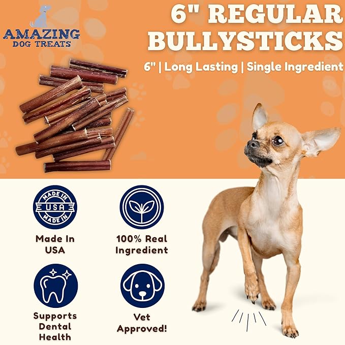 Amazing Dog Treats - 6 Inch Medium Size Bully Sticks (50 Count) - Bulk Bully Sticks for Dogs - No Hide Bully Stick Dog Bones