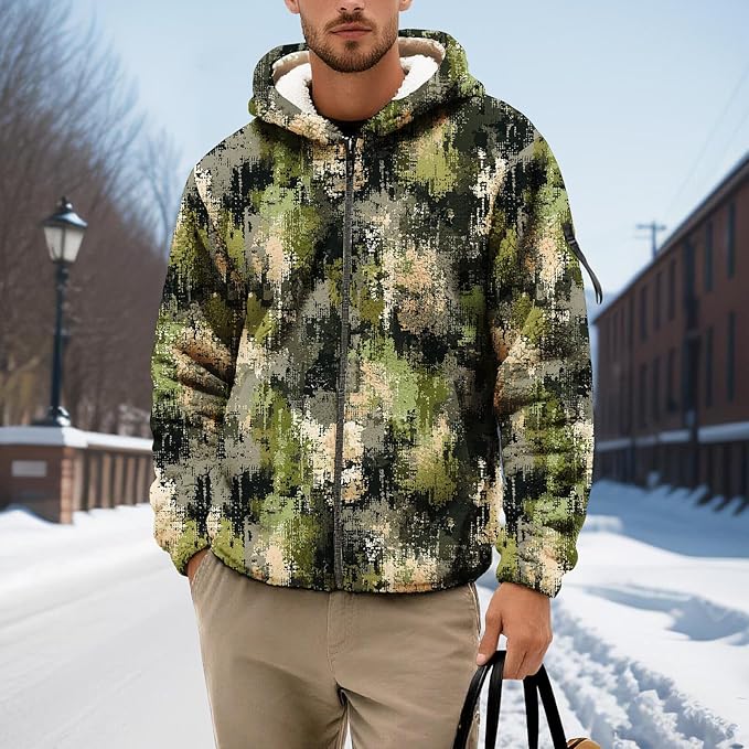 Men's Camouflage Hunting Fleece Lined Hoodie Camo Jackets Zip Up Long Sleeve Casual Winter Coats Hood Outerwear