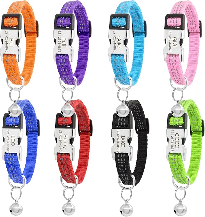 Personalized Reflective Nylon Cat Collar with Name Phone,Custom Engraved Buckle Cat Collar with Bell,Adjustable for Small Dogs Puppy Kitten (Green,fit 7.5''-12.0'')