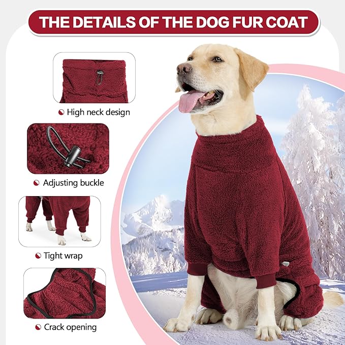 Dog Winter Coat, Warm Fleece Jacket, Windproof Pullover Jumpsuit, Full Body Dog Pajamas Onesie, Cold Weather Clothes for Medium Large Dog