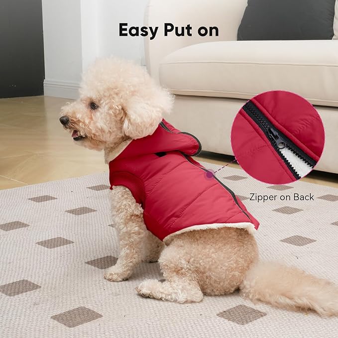 Fleece Lining Dog Hoodie with Harness Built in,Extra Warm Small Dog Jacket in Winter Puppy Coats with Hooded,Red S