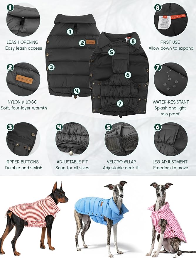 SPACE LION Dog Puffer Jacket, Down Winter Coat, Durable Outdoor Coat for Cold and Windy Conditions, Waterproof, Lightweight Jacket, Adjustable Fit for Small, Medium, Large Dogs(Black,10/S)