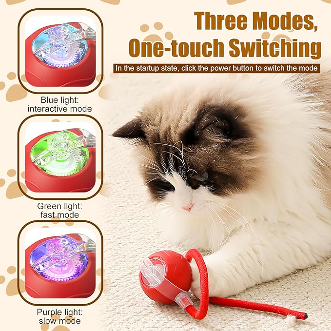Interactive Cat Toys Ball for Indoor Cats, 2025 Newly Upgraded Automatic Rolling Balls, Moving Cat Ball with Elastic Mesh Tail, Kitten Toys for for Bored Indoor Adult Cats/Dog (Grey)