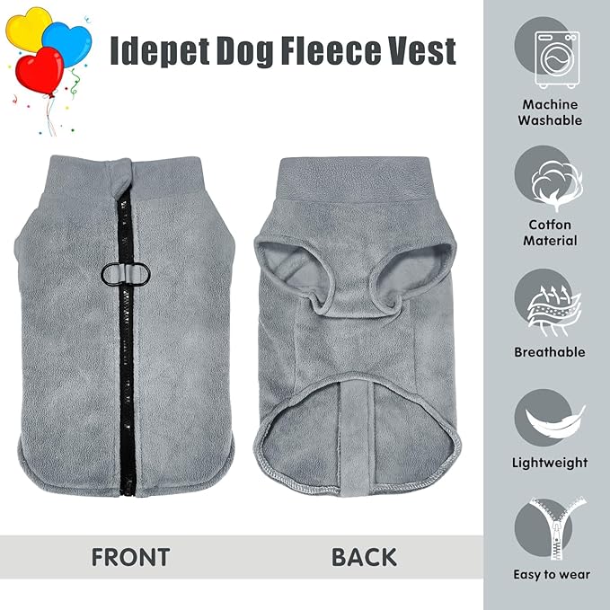 Idepet Dog Fleece Vest Sweater Zip Up Warm Pullover Dogs Jacket with D-Ring Leash Winter Cold Weater Coat Pet Sweatershirt Clothes Hoodie for Small Medium Dogs Boy Girl (Gray, XS)