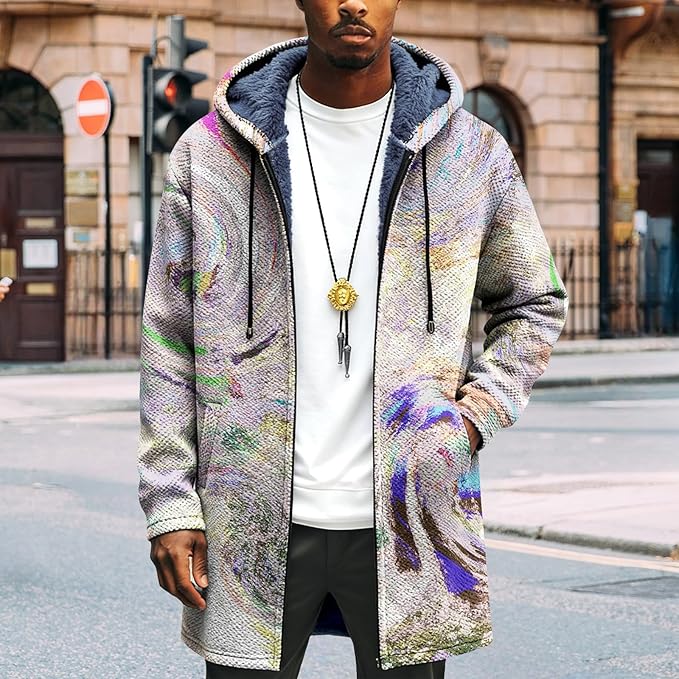 LIZALIG Long Hooded Cardigan Men Japanese Art Style Fashion Cool Graphic Coats Winter Warm Lined Fleece Jacket
