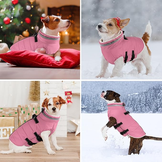 Dogcheer Dog Coat with Harness, Waterproof Dog Jacket Adjustable Winter Coat with Zipper, Christmas Puppy Snow Jacket Fleece Sweater for Small Medium Large Dogs - Light Pink XS