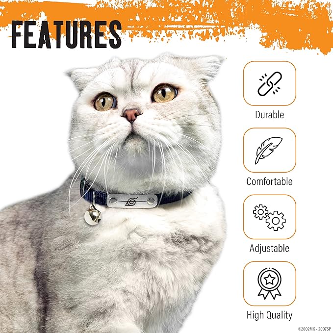 Naruto Breakaway Cat Collars for Girl & Boy Cats | Officially Licensed Naruto Shippuden Hidden Leaf Village Pet Accessories & Gifts, (8.5” to12”) Adjustable Cute Kitten Collar with Bell (Black, Rogue)