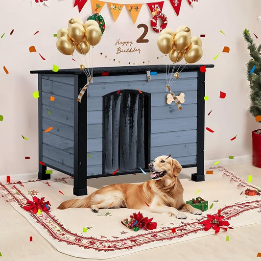 Outdoor Dog House, Small Wooden Dog House with Anti Bite Iron Frame Weatherproof Finish Outside Paw Print Dog Crate for Large and Medium Dogs, Grey