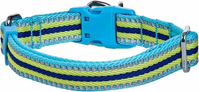 Blueberry Pet Safety Dog Collar with Dual D-Rings | 3M Reflective Multi-Colored Adjustable Collar in Blue and Yellow | Soft Nylon Dog Collar for Active Small Dogs