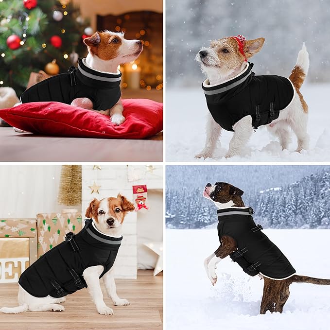 Dogcheer Dog Coat, Waterproof Dog Jacket with Harness, Reflective Adjustable Winter Coat with Zipper, Christmas Pet Snow Jacket Clothes for Small Medium Large Dogs - Black XS