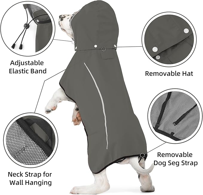 Mile High Life Dog Raincoat, Adjustable Waterproof Pet Rain Jacket, Reflective Hooded Poncho for Small Medium Large Dogs, Lightweight Breathable Pet Rain Coat (Dark Gray,S Chest 18"-22")