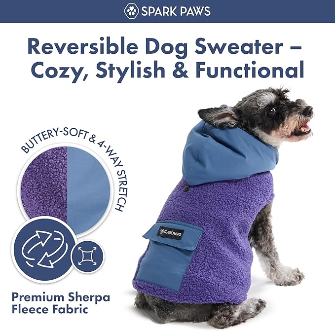 Spark Paws Reversible Dog Sweater, Sherpa Vest with Warm Fleece Lining, Warm Coat for Winter, Suitable for Small Medium, Large, XL XXL Dogs - Purple and Navy Blue - 3XL