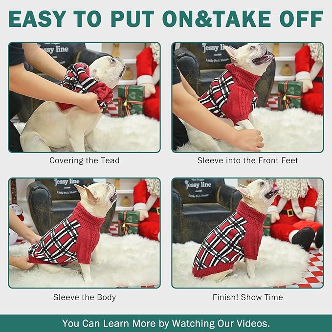SCENEREAL Turtleneck Dog Sweater for Small Medium Large Dogs Girls Boys, Christmas Plaid Pullover Puppy Sweatershirt, Dogs Cold Weather Outfit Clothes, Ideal Gift for Pet in New Year, Green Plaid M