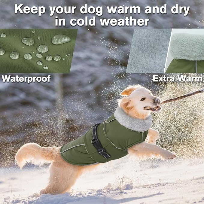 Lelepet Warm Dog Coat Waterproof Dog Jacket for Extra Large Dogs Reflective Fleece Vest with Adjustable Buckle Hook & Loop Windproof Cold Weather Coats for Small Medium Large Dogs, Army Green, XXXL