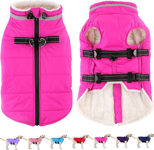 Dogcheer Dog Coat, Waterproof Dog Jacket with Harness, Reflective Adjustable Puppy Winter Coat with Zipper, Christmas Pet Snow Jacket Clothes for Small Medium Large Dogs - Pink M