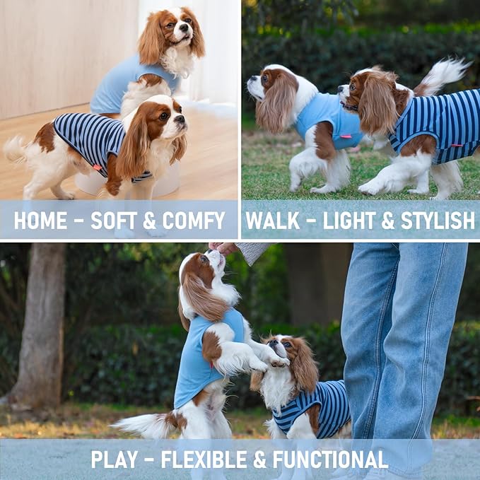 KYEESE 2Pack Dog Shirts Striped T Shirt Soft Tee for Small Dogs Cotton Tank Top Clothes Lightweight Sleeveless Dog Vest, X-Large,Dark Blue+Striped