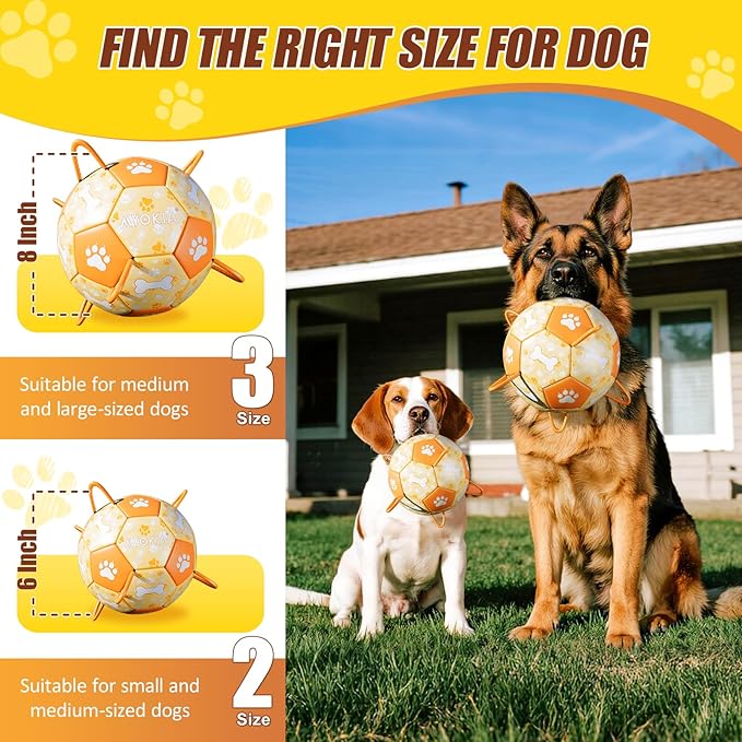 Size 2 Dog Soccer Ball with Straps Durable Training Ball for Pets Interactive Outdoor Dog Toy, Orange & Yellow, Eye-Catching Paw and Bones Design, for Small & Medium Puppie