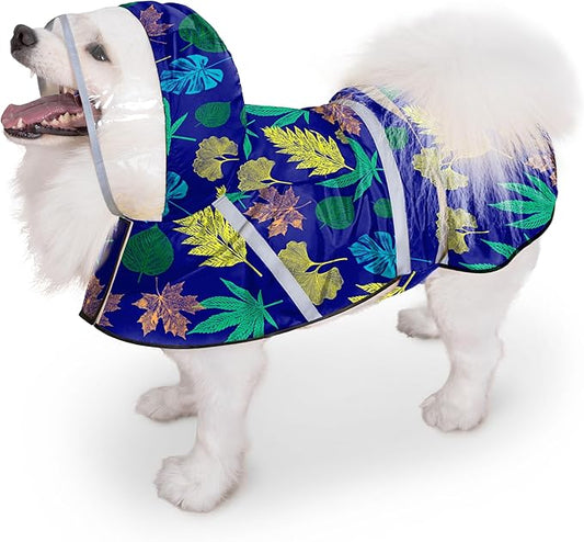 Dog Raincoat, Adjustable Rain Jacket with Hooded Double Layer for Large Medium Small Dogs Puppies, Lightweight Waterproof Rain Coat Poncho with Reflective Stripe Leaf Blue,S