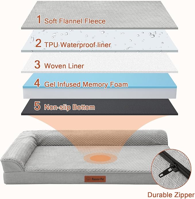 Orthopedic Dog Beds Large Sized Dog, Memory Foam Pet Bed for Medium and Large Dogs, Washable Removable Cover, Nonskid Bottom, Waterproof, 36x27x6 Inches, Light Grey