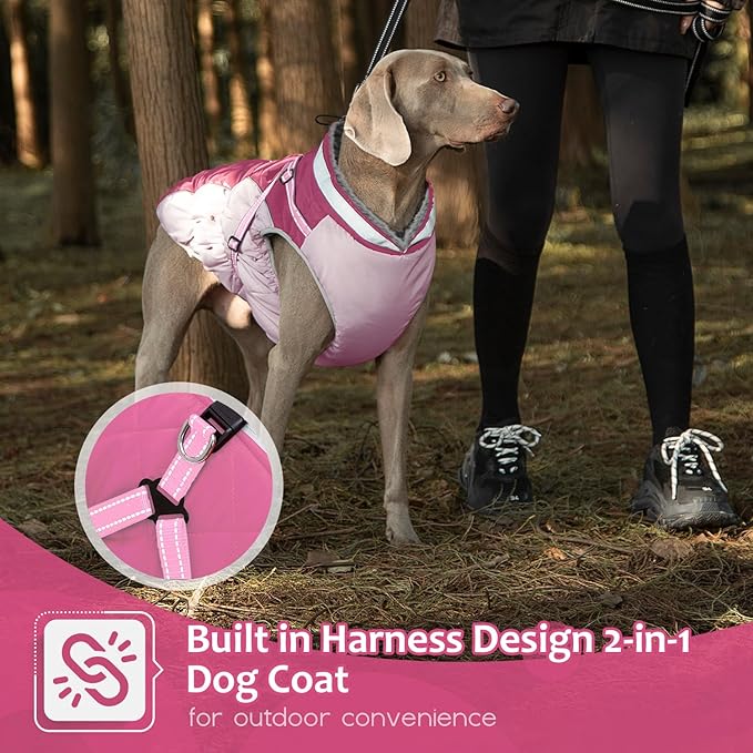 Dog Winter Coat with Harness, Dog Jacket, Pet Clothes with Zipper on Back, Waterproof Windproof Warm Vest, Reflective Cold Weather Coats, for Small Medium Large Dogs, Thick, Pink, L