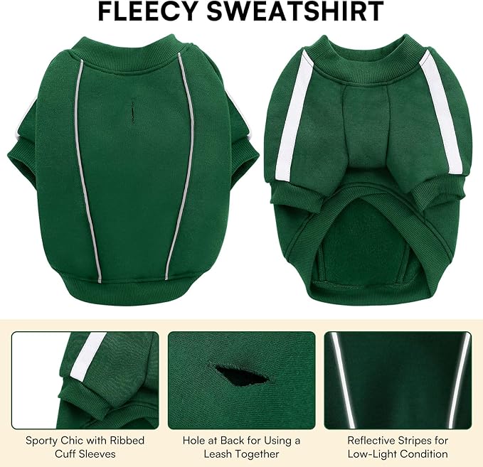 Queenmore Large Christmas Dog Sweater, Cozy Fleece Dog Sweatshirt, Warm Winter Fleece Jacket for Small, Medium & Large Dogs with Leash Hole/Reflective Stripes Green