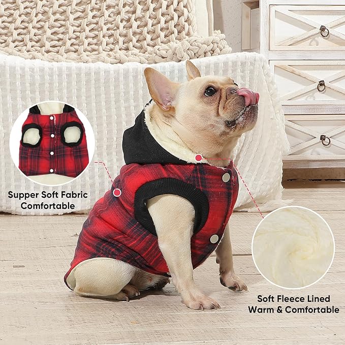 Fleece Lining Dog Hoodie for Medium Dogs Extra Warm Plaid Sweater with Drawstring Hooded Coats in Winter Puppy Jacket,Red L