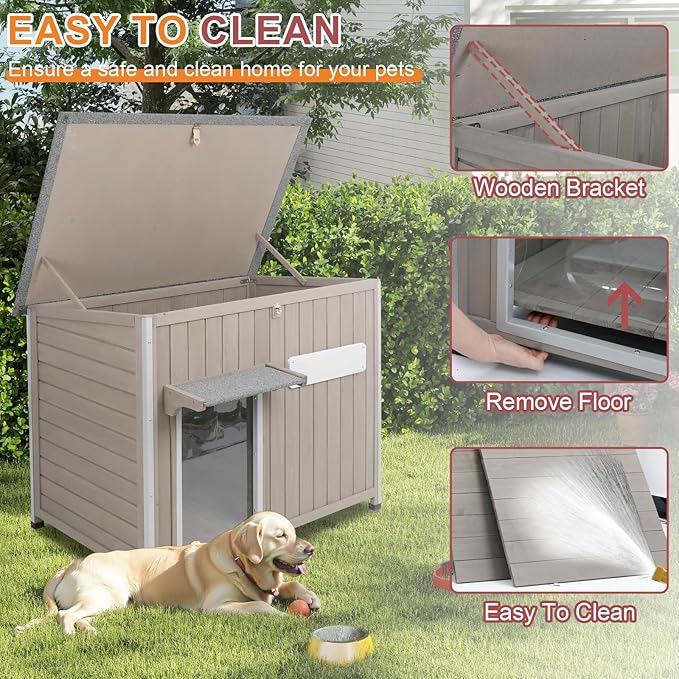 Outdoor Dog House Weatherproof, Wooden Puppy Shelter with Anti-Chewing Iron Frame and Elevated Floor, Sturdy Dog Kennel for Small, Medium & Large Dogs (Gray, 40" L x 26" W x 31" H)