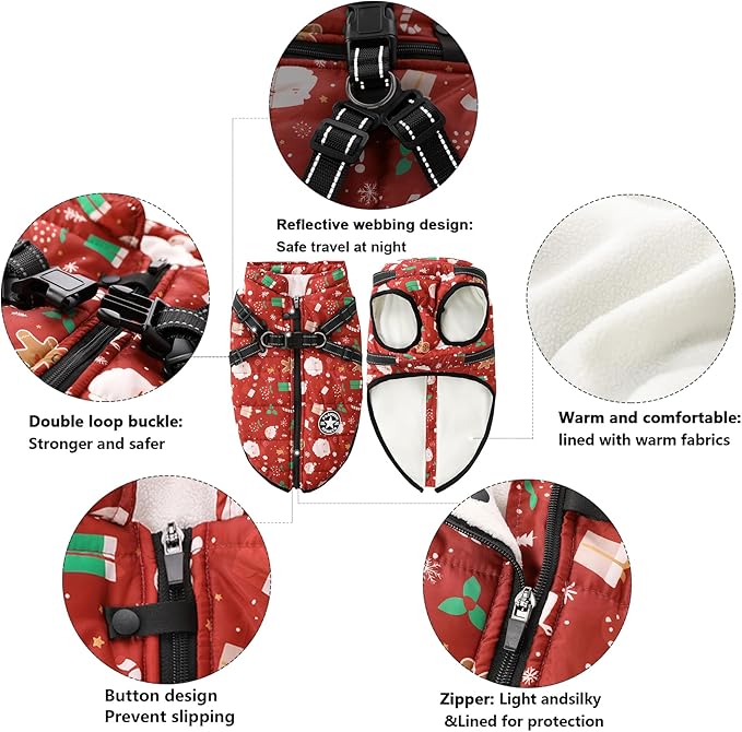 Aiboria Dog Jacket Windproof Fleece Dog Sweater with Padded Vest Chest Strap Harness Dogs Coat Christmas Red XXL
