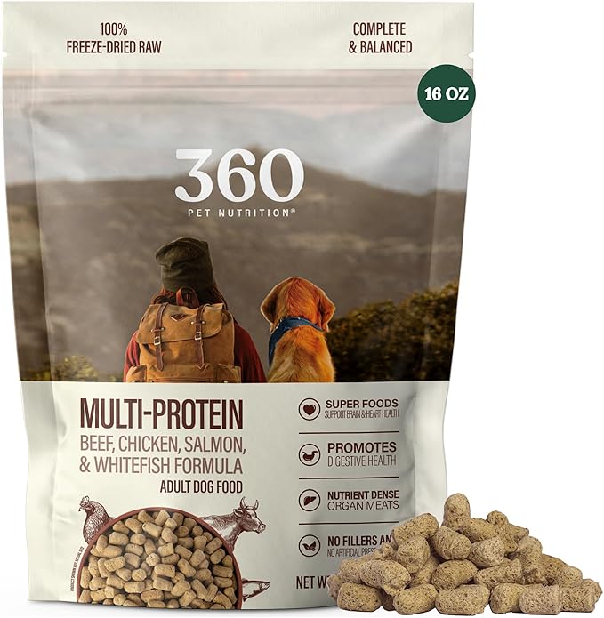 360 Pet Nutrition Freeze-Dried Raw Dog Food – Multi-Protein with Beef, Chicken, Fish, Liver & Organs, High Protein, Omega-3s, Fruits, Veggies & Superfoods, Grain-Free, No Fillers, 1 lb – Made in USA