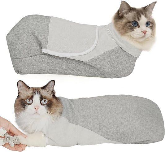 Self-Adhesive Cat Grooming Wrap, Cozy Cat Wrap for Cutting Nails, Breathable Anti-Scratch Cat Swaddle Bag for Brushing, Ear Cleaning, Dental Care, Medication, Injections,Grey L