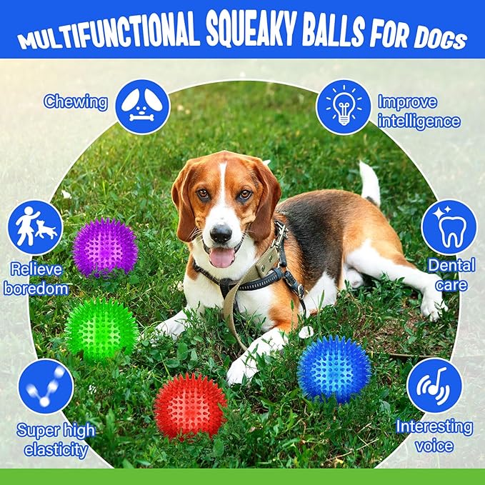 8 Pack 4.5 Heavy Duty Squeaky Dog Balls for Medium Large Dogs Large Spiky Ball Toys for Aggressive Chewers Pet Training Clean Teeth Outdoor, 4 Colors