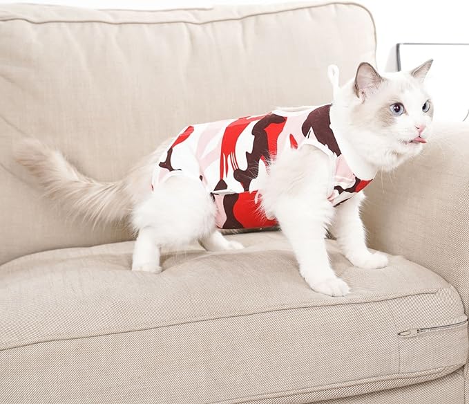 Cat Surgical Recovery Suit, Abdominal Wounds Cone E-Collar Alternative Anti-Licking Or Skin Diseases Pet Surgical Recovery Pajama Suit, Soft Fabric Onesies for Cats (S, Red)