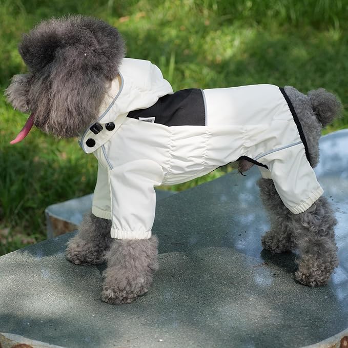 LOVELONGLONG Waterproof Dog Raincoat with Removable Hood – Outdoor Full Body Dog Jacket, Windproof Snowproof Shell Suit – All Season Pet Rain Gear Ivory S+