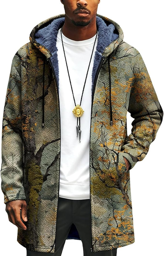 Mens Long Cardigan Hoodies Full Zip Fleece Lined Jackets Fashion Knitted Color Block Hooded Coat with Pockets