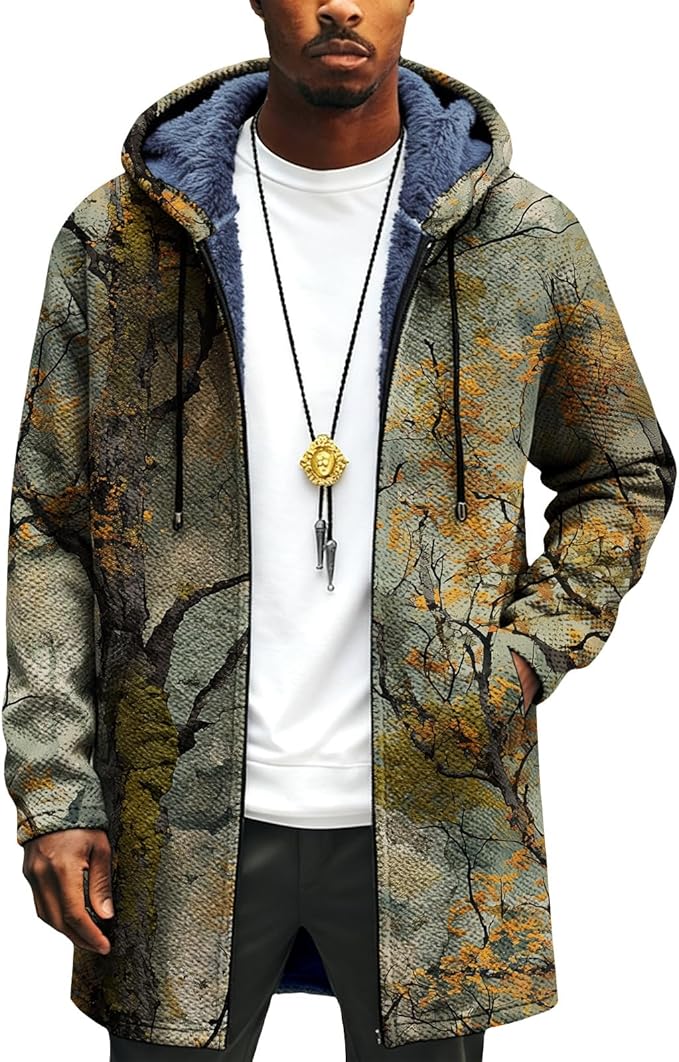 Mens Long Cardigan Hoodies Full Zip Fleece Lined Jackets Fashion Knitted Color Block Hooded Coat with Pockets