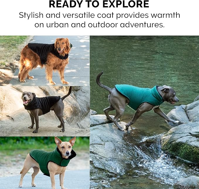 Furhaven Reversible XS Dog Coat, Washable & Insulating w/ Leash Access - Faux Fur & Quilted Fleece Flex-Fit Jacket - Black/Green, Extra Small
