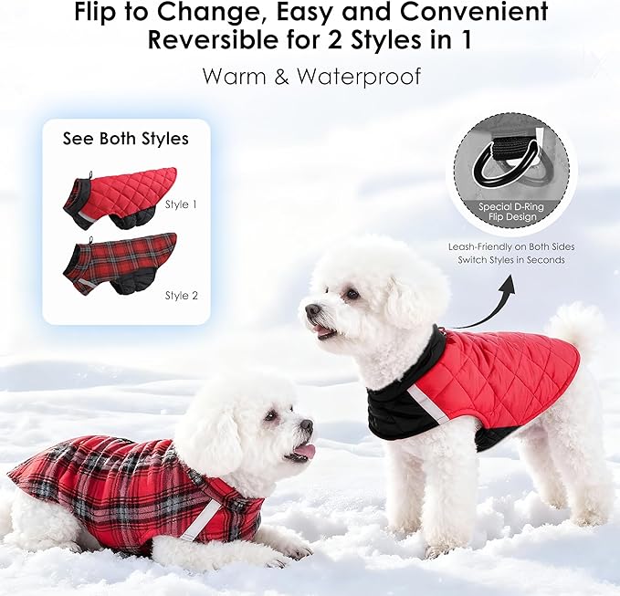 Quilted Dog Winter Coat, Plaid Lined Reversible Vest, Reflective Safety Strip, Cold Weather Pet Apparel Red M