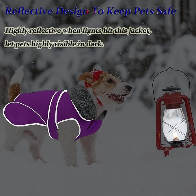 Dogcheer Dog Coat, Waterproof Dog Jacket Reflective Pet Winter Coat with Adjustable Hook & Loop, Christmas Puppy Fleece Jacket Warm Turtleneck Snowsuit for Small Medium Large Dogs - Purple, XL