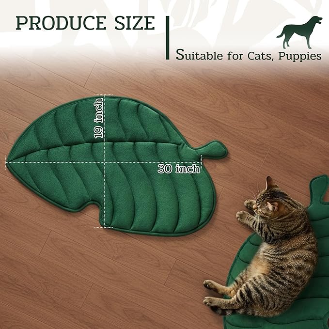NWK Green Leaf Shaped Self Warming Cat Bed Mat, Thermal Dog Mat Cat Pad, Washable, Non-Slip Bottom for Sofa & Crate & Kennel & Car Seat (Green Leaf, Large (30'' X 19''))