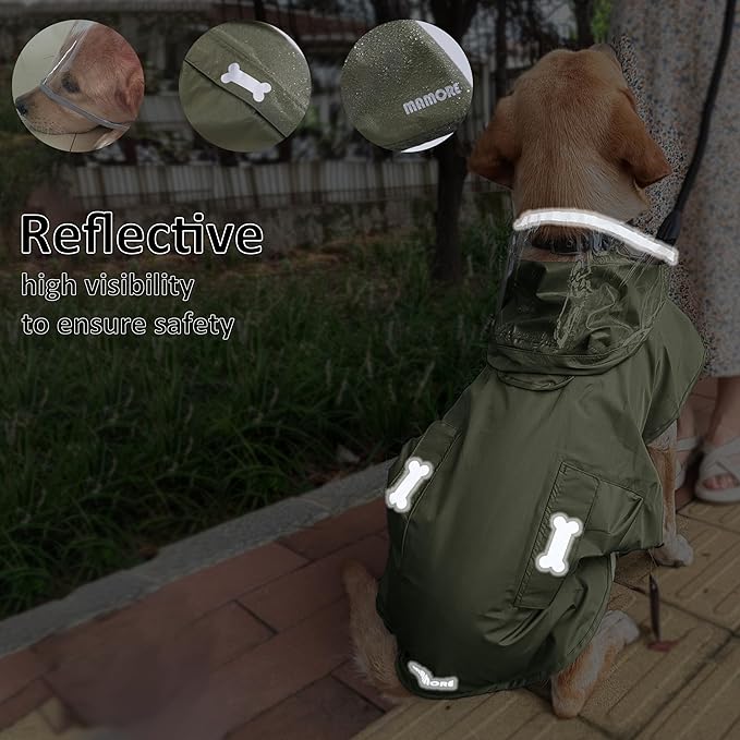 Waterproof Dog Raincoat, Adjustable Reflective Lightweight Pet Rain Clothes with Poncho Hood (Army Green, X-Large)