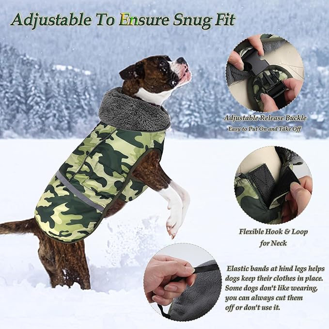 Dogcheer Warm Dog Coat, Waterproof Dog Jacket Reflective Adjustable Puppy Winter Coat with Buckle, Christmas Pet Snow Jacket Turtleneck Fleece Sweater for Small Medium Large Dogs- Camo Green, 3XL