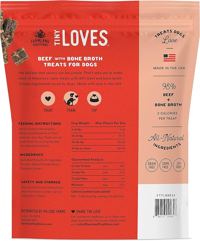 Farmland Traditions Tiny Loves Jerky Trainer Treats for Dogs w/Bone Broth (Beef, 32 oz.)