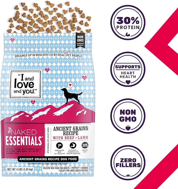 I and love and you Naked Essentials Ancient Grains Dry Dog Food - Lamb + Beef - High Protein, Real Meat, No Fillers, 4lb Bag