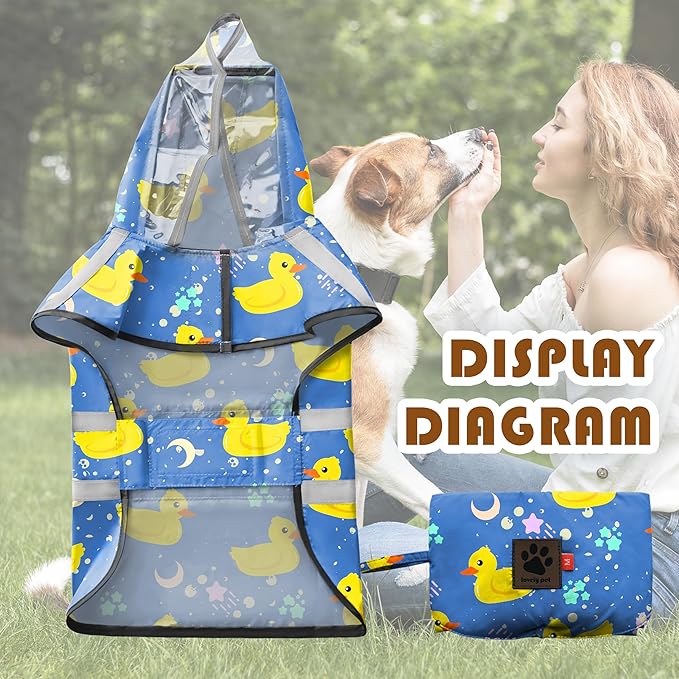 Dog Raincoat, Adjustable Rain Jacket with Hooded Double Layer for Large Medium Small Dogs Puppies, Lightweight Waterproof Rain Coat Poncho with Reflective Stripe Duck Blue,XXL