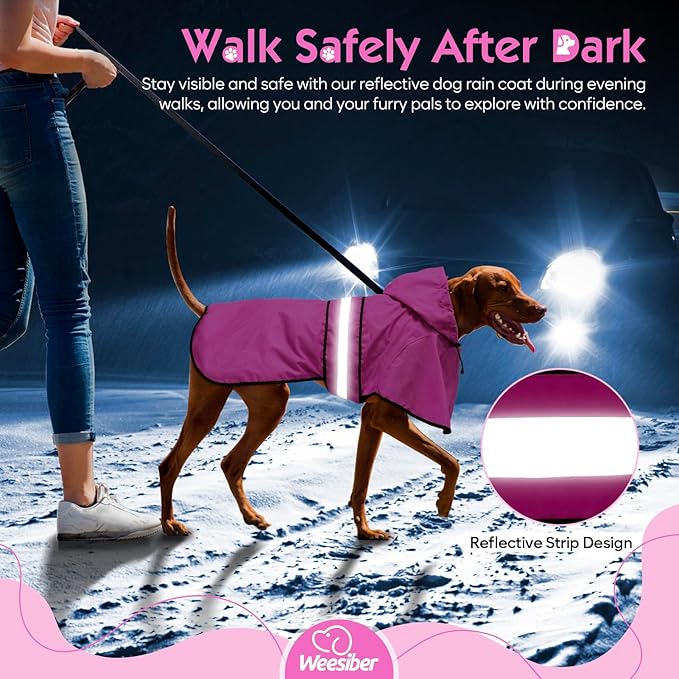 Weesiber Dog Raincoat - Reflective Dog Rain Jacket - Waterproof Dog Rain Coat - Adjustable Dog Poncho - Lightweight Dog Slicker for Dog Walking (Large, Pink)