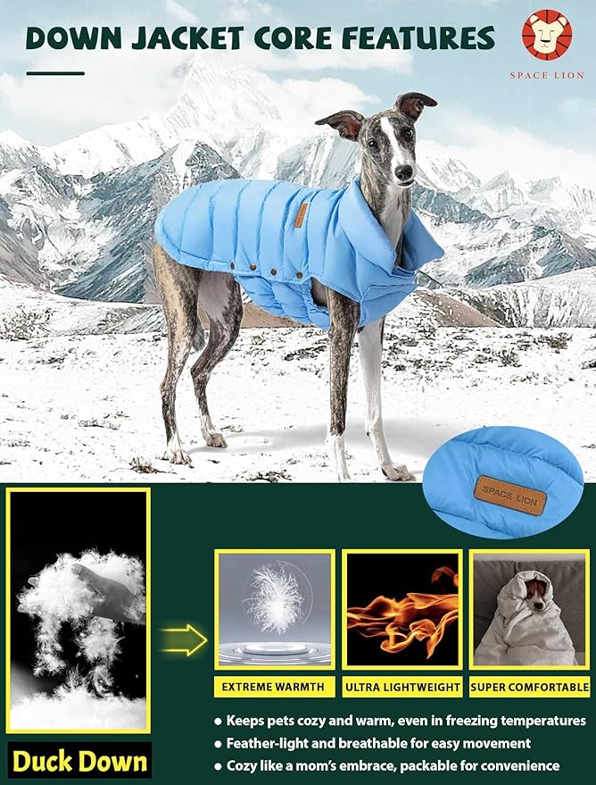 SPACE LION Dog Puffer Jacket, Down Winter Coat, Durable Outdoor Coat for Cold and Windy Conditions, Waterproof, Lightweight Jacket, Adjustable Fit for Small, Medium, Large Dogs(Blue,16/XL)