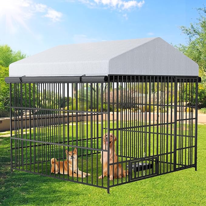 Rovibek Outside Dog Kenne with Roof 6.5x6.5x6.3 Ft, Outdoor Dog Kennel with 3 Sides Sun-Proof Cover,Large Dog Kennel Outdoor, Dog Run Enclosure with 2 Rotating Bowls for Large Dogs