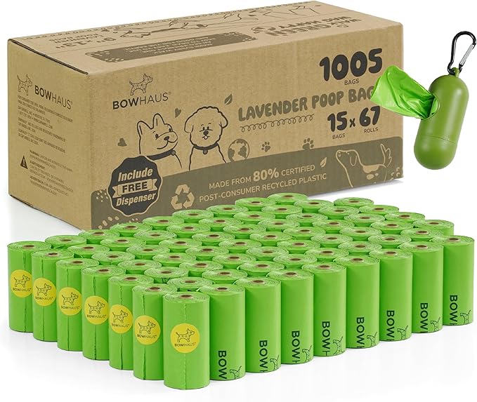 Lavender Scented Dog Poop Bags w/Dispenser, 80% PCR Eco-Friendly Materials, 9” x 13” Extra Thick Leak Proof Waste Bag for Pet, Doggy Bag Refill Rolls, Versatile Dog Waste Bags, 1005 Counts