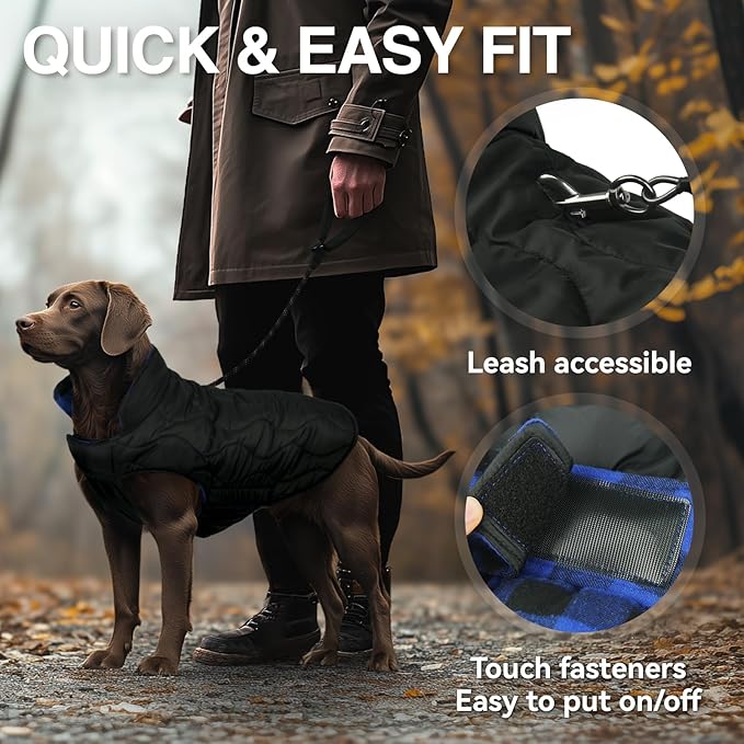 VIVAGLORY Softjoy Dog Coat, Dog Jacket for Winter & Christmas, Coat with Harness Hole & Velcro Closure, Reversible Plaid Checkered Warm Fluffy Heavy Duty for Puppy, XL, Sapphire Blue Plaid