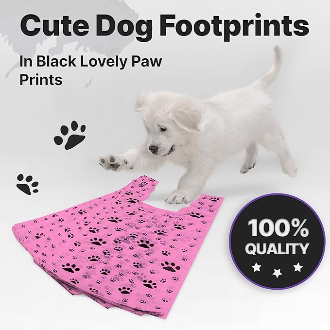 T-Shirt Bags – Paw Print Design Pink Color - 100 Pack - Thank You & Shopping Bags - Cat or Dog - 22" L x 12" W x 7" Plastic